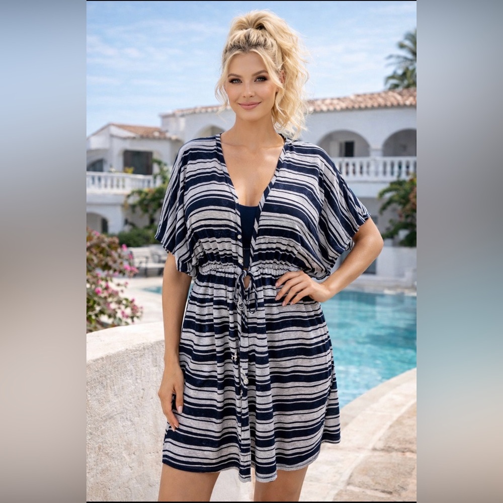 21” ptp Striped navy and White Swim Cover-Up
